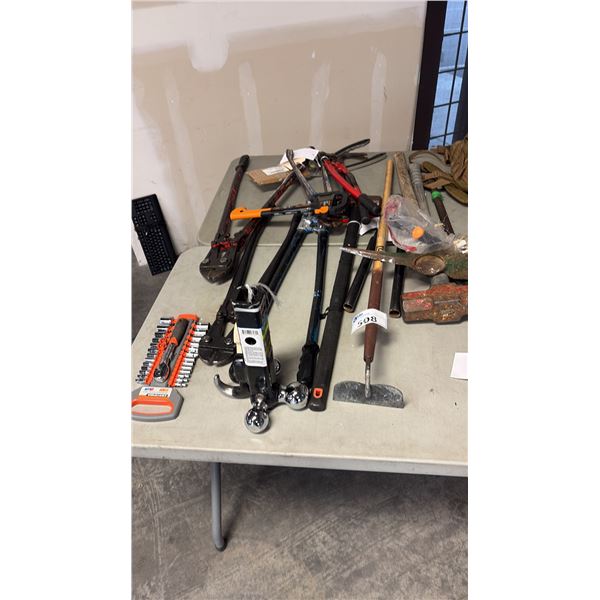 ASSORTED MANUAL DEMOLITION IMPLEMENTS MECHANICAL HAND TOOLS AND HEAVY DUTY VEHICULAR TOWING HITCH