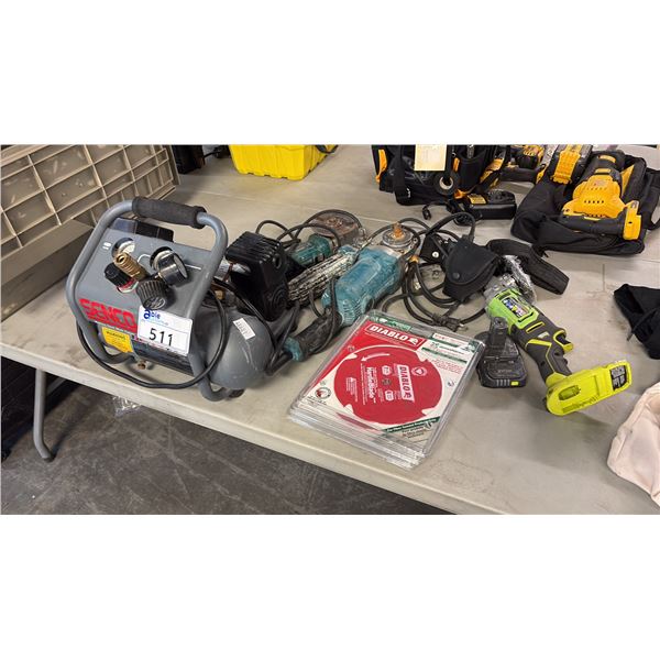 1 GALLON FINISH TRIM COMPRESSOR ONE+ 18V CORDLESS ANGLE GRINDER 7 POLYCRYSTALLINE SAW BLADE AND MORE