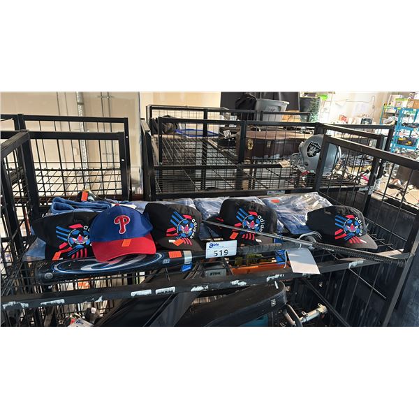 ASSORTED EMBROIDERED ATHLETIC BASEBALL TEAM CAPS, AND SEALED APPAREL BUNDLES AND MORE