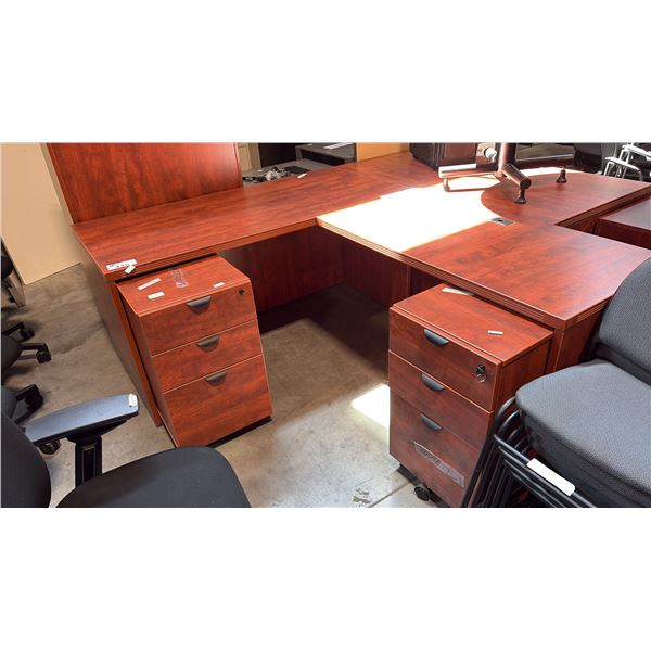 MODULAR L-SHAPED COMMERCIAL OFFICE DESK, DUAL 3-DRAWER PEDESTALS CLASSIC CHERRY 77" W X 59" D X 29"