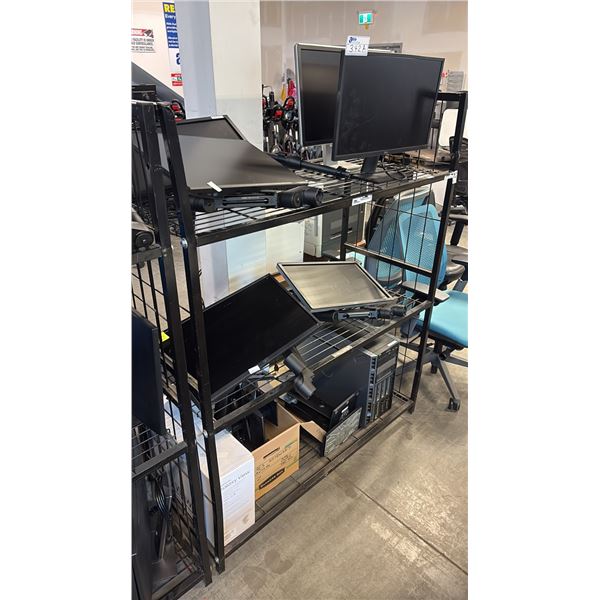 RACK OF ASSORTED DELL COMPUTER MONITORS, STANDS & ELECTRONICS