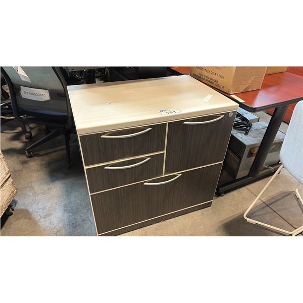 WHITE TOP DARK WOOD FINISH FILING CABINET W30" X D20" X H29"