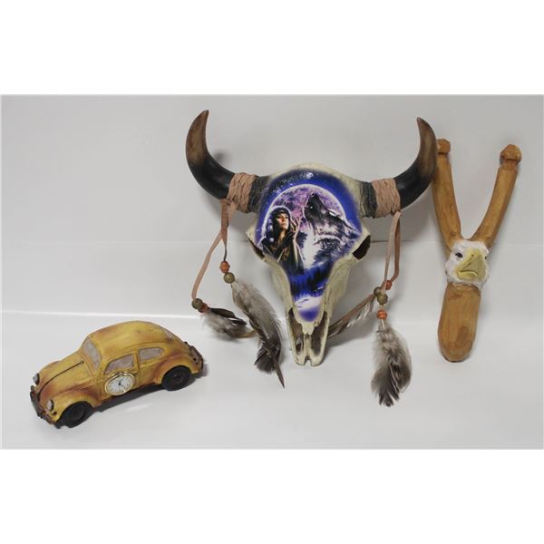 DECORATED MINI BISON SKULL SOLD WITH CARVED EAGLE