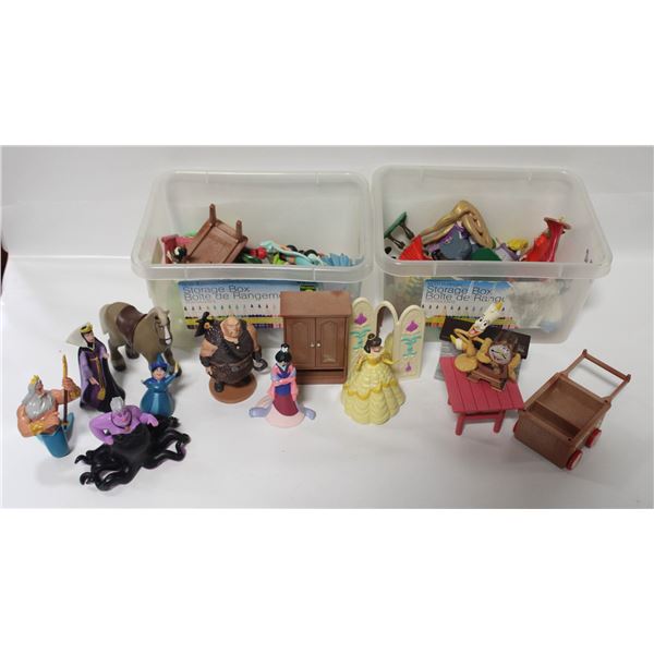 3 SMALL TOTES OF COLLECTIBLE DISNEY FIGURES & MORE