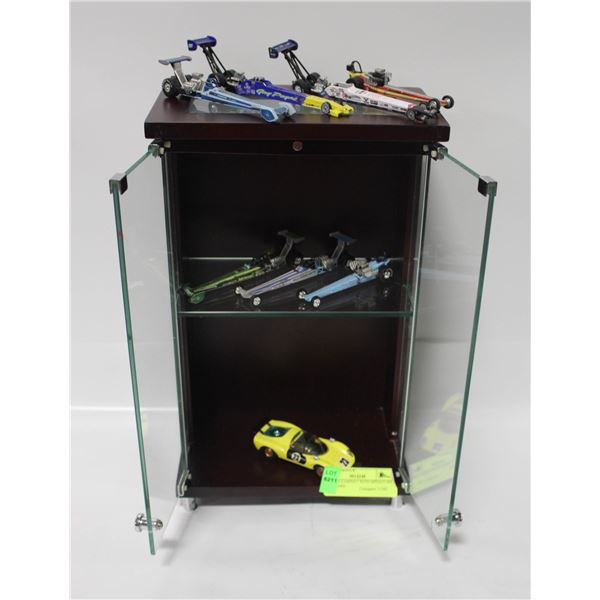 DISPLAY CABINET WITH MINIATURE RACE CARS