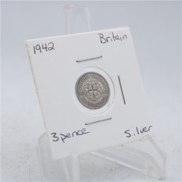 1942 UK 3 PENCE SILVER COIN BRITIAN 50% SILVER