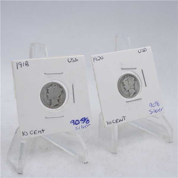 1918 & 1920 AMERICAN SILVER DIME MECURY COIN