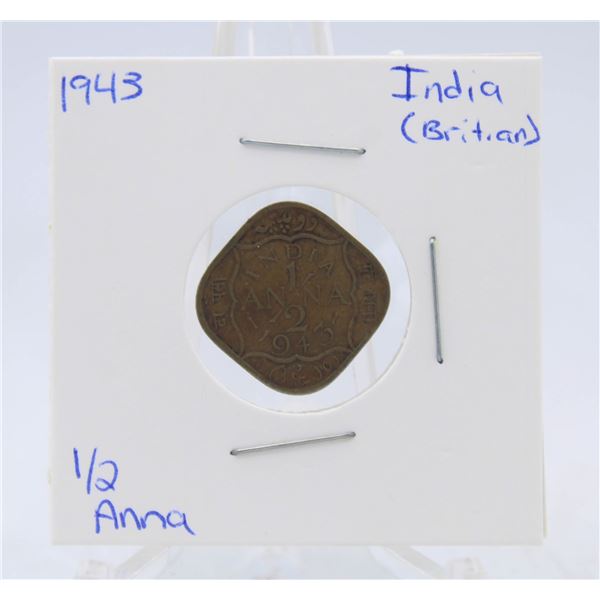 1943 INDIA (BRITISH COLONY) 1/2 ANNA COIN