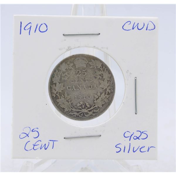 1910 CANADA SILVER QUARTER 92.5% SILVER