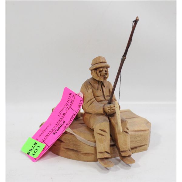 JL DOYLE WOOD CARVING FISHING WITH BASKET