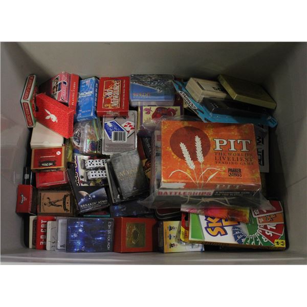 TOTE OF ASSORTED PLAYING CARDS + DICE + MORE