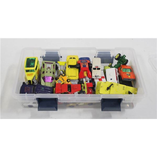 LIDDED CONTAINER WITH VINTAGE DIECASTS, ETC