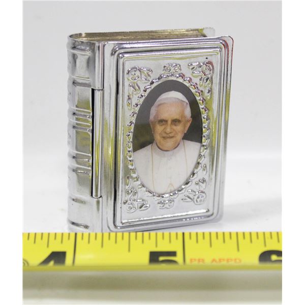 SILVER PLATED ROSARY BOX WITH POPE BENEDICT XVI