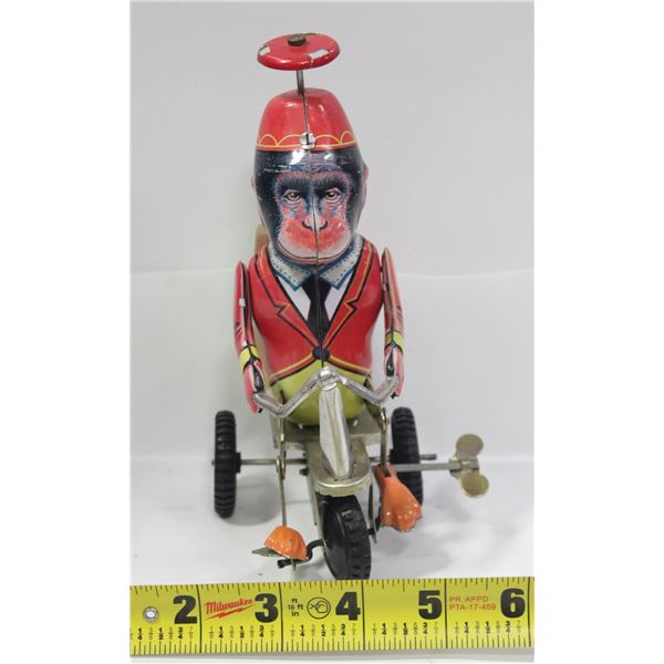 JUYOU WIND UP TIN LITHO TOY MONKEY ON TRICYCLE W.