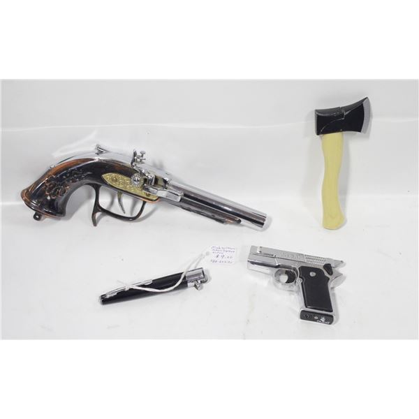 2 GUN SHAPED LIGHTERS + 1 AXE SHAPED LIGHTER