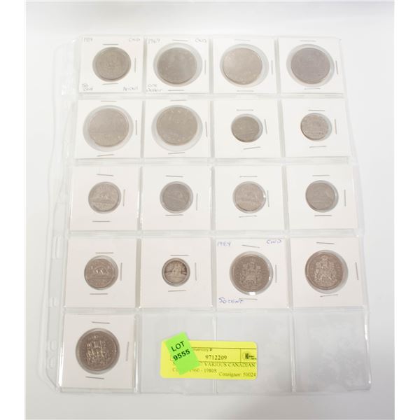 SHEET OF 17 VARIOUS CANADIAN COINS 1960 - 1980S