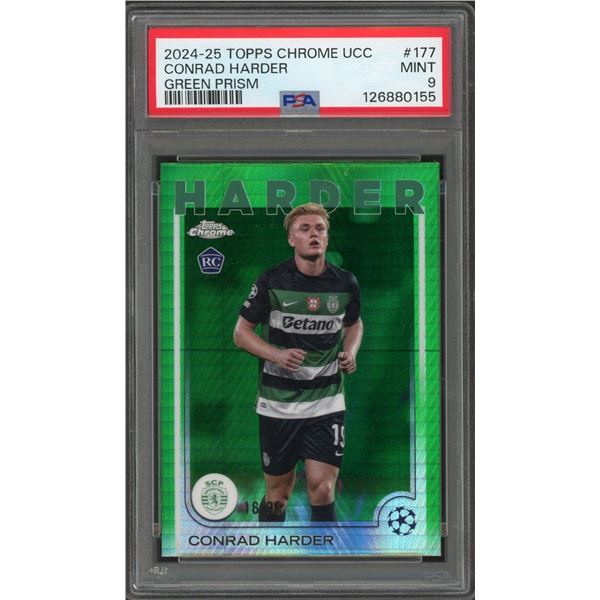 2024-25 Topps Chrome UEFA Club Competitions Conrad Harder Green Prism RC - PSA 9