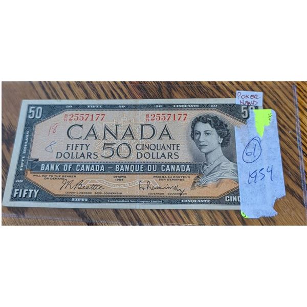 1954 Canada $50 Banknote, Queen Elizabeth II, Poker Hand Note