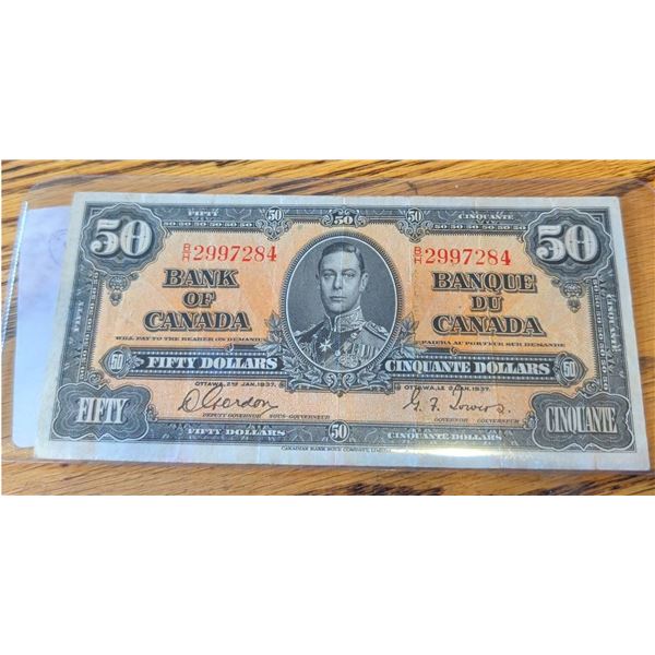 1937 Bank of Canada $50 Bill, King George VI, Serial #2997284