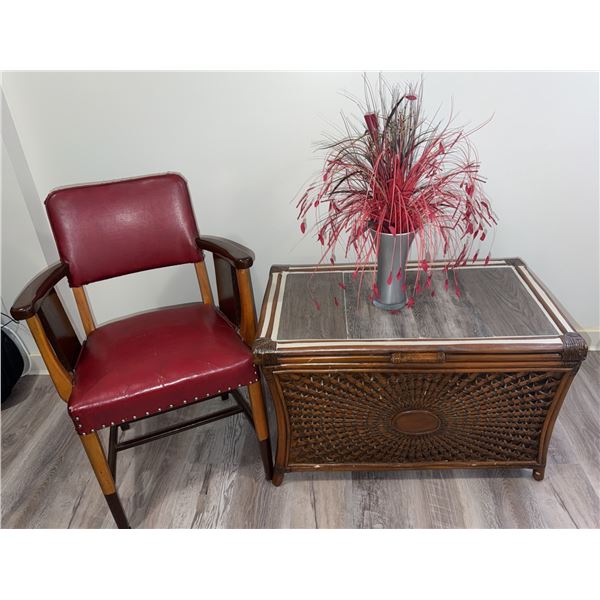 Red Vinyl Armchair & Carved Wooden Storage Chest w/ Contents