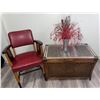 Image 1 : Red Vinyl Armchair & Carved Wooden Storage Chest w/ Contents