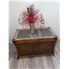 Image 3 : Red Vinyl Armchair & Carved Wooden Storage Chest w/ Contents