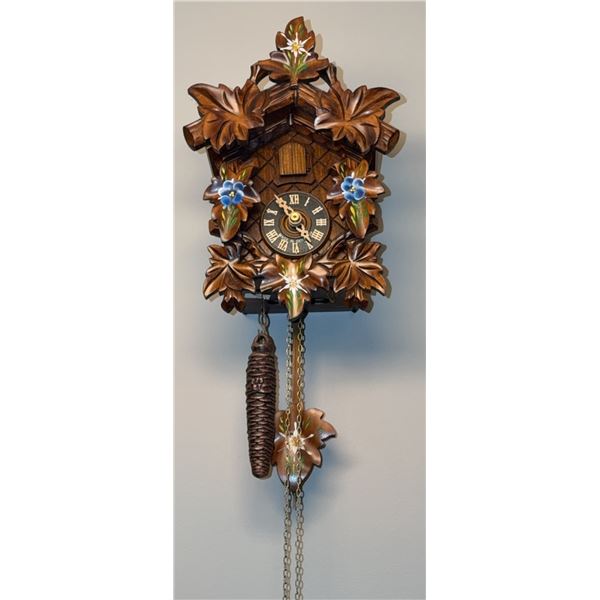 Hand-Carved Wood Cuckoo Clock With Floral Accents