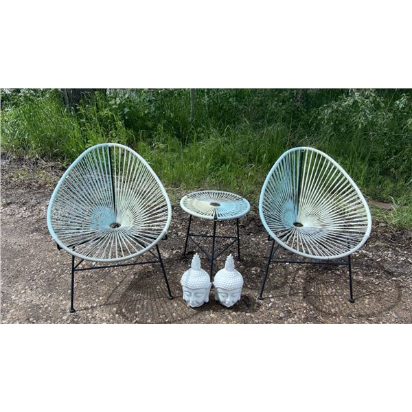 Outdoor Bistro Set w/ 2 Acapulco-Style Chairs, Table & Ceramic Buddha Heads