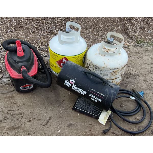 Mr. Heater Propane Forced Air Heater With Jobmate Wet/Dry Vac and Two Propane Tanks
