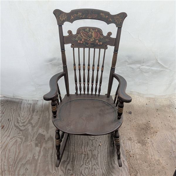 Wooden Rocking Chair with Painted Fruit Motif & Spindle Back