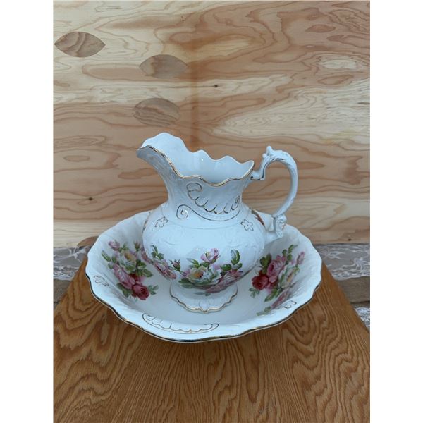 Porcelain Floral Pitcher and Wash Basin Set with Gold Trim 13” tall