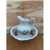 Image 1 : Porcelain Floral Pitcher and Wash Basin Set with Gold Trim 13” tall