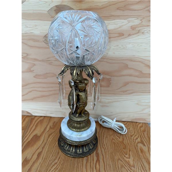 Crystal and Metal Table Lamp with Cherub and Marble Base 21 inches tall