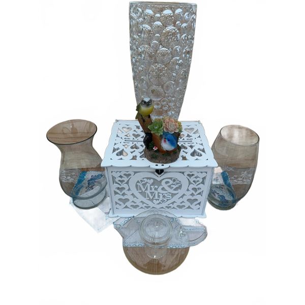 Decorative Tabletop Lot with Glass Vases, Teapot, Figurine, and 'Mr & Mrs' Box
