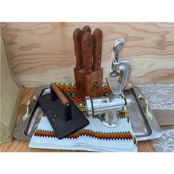 Kitchen Lot with Hand Grinder, Flat Iron, Knife Set, and Painted Chest