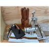 Image 1 : Kitchen Lot with Hand Grinder, Flat Iron, Knife Set, and Painted Chest