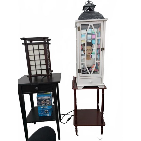 White Display Cabinet with Stained Glass Panels on 23-Inch Mahogany Table