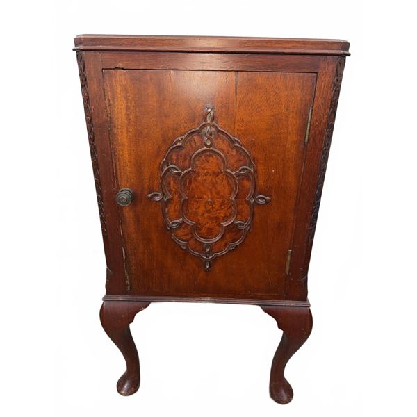 Wood Cabinet with Carved Door Panel and Cabriole Legs, 17 x 15 x 31 Inches