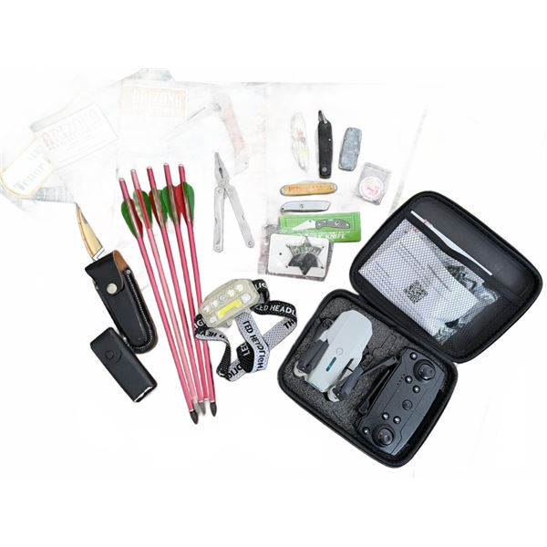 Outdoor Adventure Gear Lot with Drone, Knives, and Collectibles