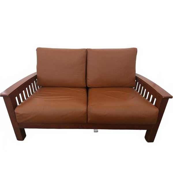 Wood Frame Sofa and Armchair Set with Brown Leather Cushions 59 x 33 x 37” tall