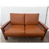 Image 2 : Wood Frame Sofa and Armchair Set with Brown Leather Cushions 59 x 33 x 37” tall