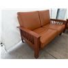 Image 3 : Wood Frame Sofa and Armchair Set with Brown Leather Cushions 59 x 33 x 37” tall