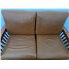 Image 4 : Wood Frame Sofa and Armchair Set with Brown Leather Cushions 59 x 33 x 37” tall
