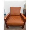 Image 5 : Wood Frame Sofa and Armchair Set with Brown Leather Cushions 59 x 33 x 37” tall