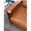 Image 6 : Wood Frame Sofa and Armchair Set with Brown Leather Cushions 59 x 33 x 37” tall
