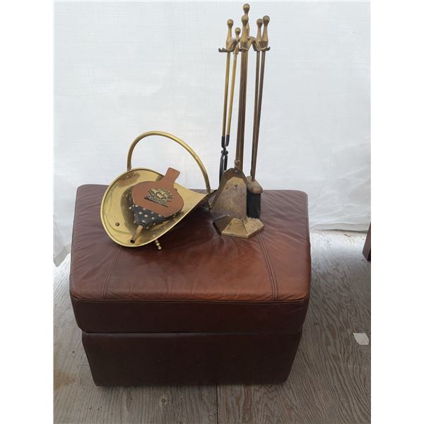 Brass Fireplace Tool Set, Bellows, and Leather Storage Ottoman
