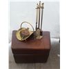 Image 1 : Brass Fireplace Tool Set, Bellows, and Leather Storage Ottoman