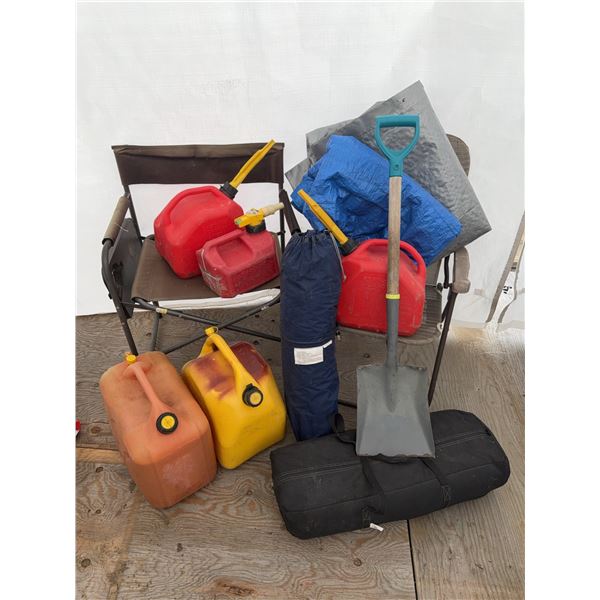 Camping Gear- lawn chairs, tarps ,gas cans ,tents x 2 & Shovel