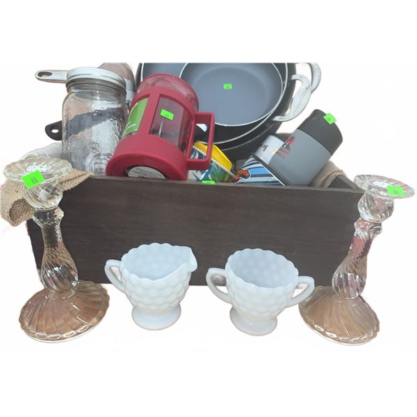 Kitchenware with Glass Candle Holders and Milk Glass Creamer Set