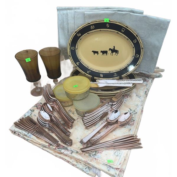 Kitchen Lot with Plates, Flatware, Glasses, and Linens